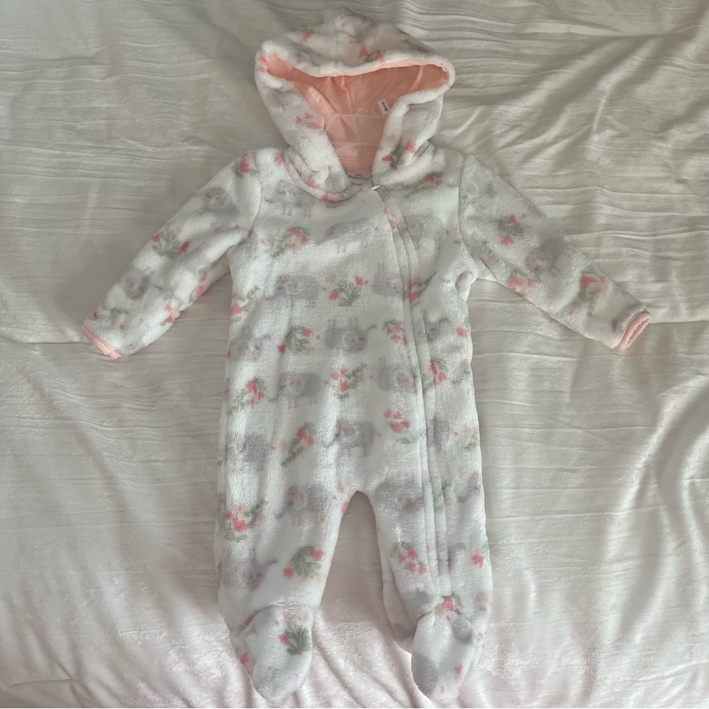 Baby girls Little Beginnings 0-3 month fleece onesie footed outdoor hood NEW